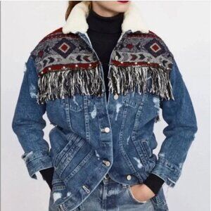 Zara trafaluc Denim Western Jacket Coat Aztec Sherpa Lined Fringe Tribal Sz S